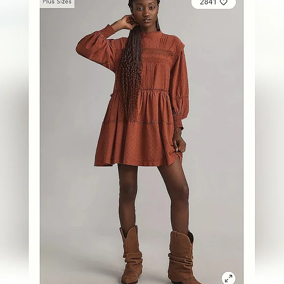 Anthroropologie BOHO Pilcro LongSleeve Mock-Neck Swing Orange Mini Midi Dress 2X - Picture 2 of 13